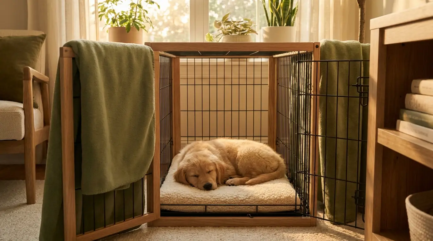 A sleepy golden retriever puppy resting calmly in an open crate