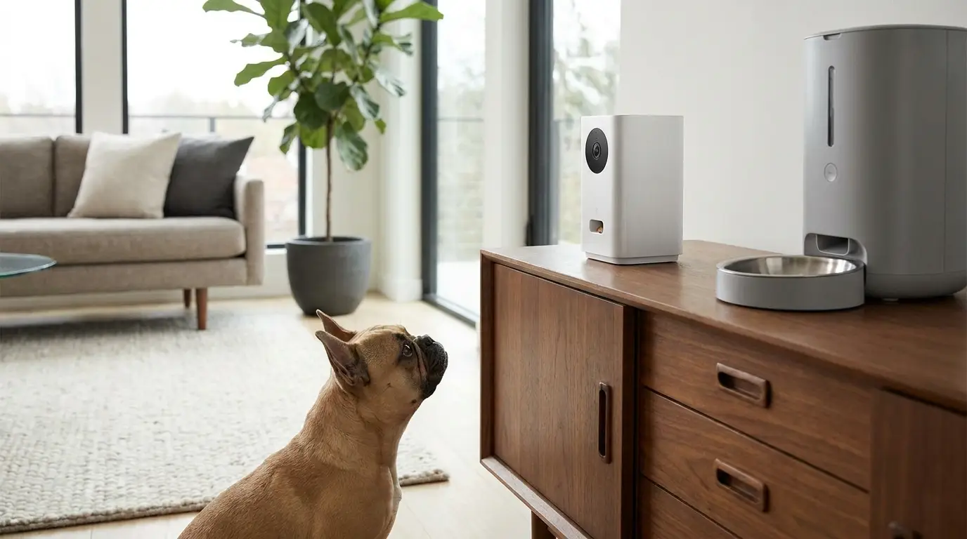 A french bulldog looking up at a pet camera and automatic feeder