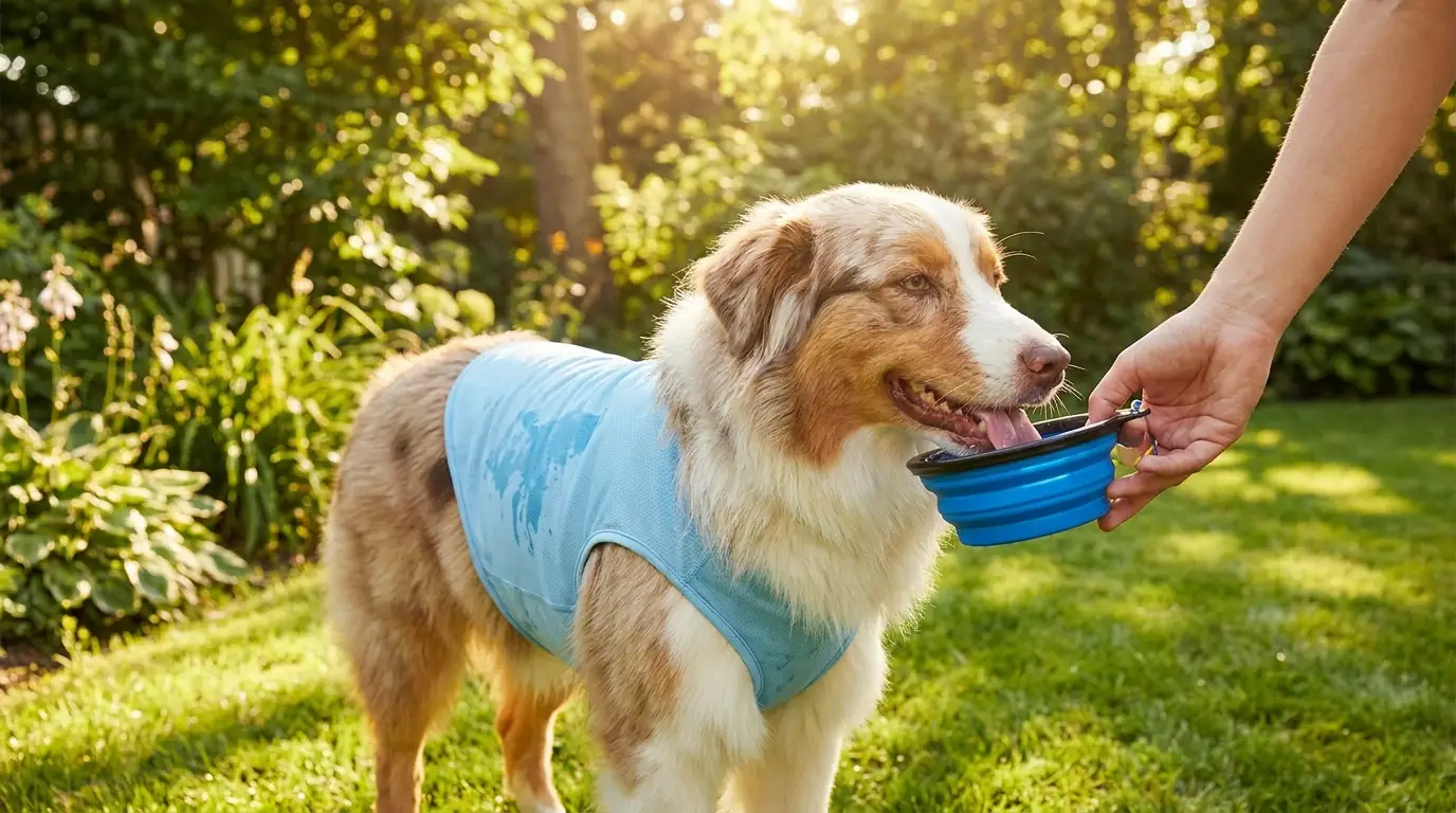 An australian shepherd in a cooling vest drinking from a travel bowl