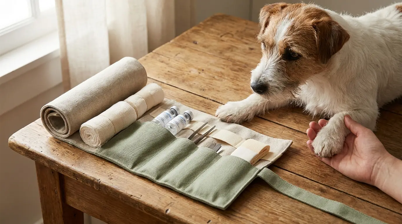 An organized pet first-aid kit beside a calm terrier offering its paw