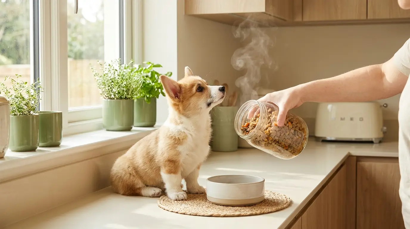 Fresh cooked dog food being poured into a bowl for a waiting corgi puppy