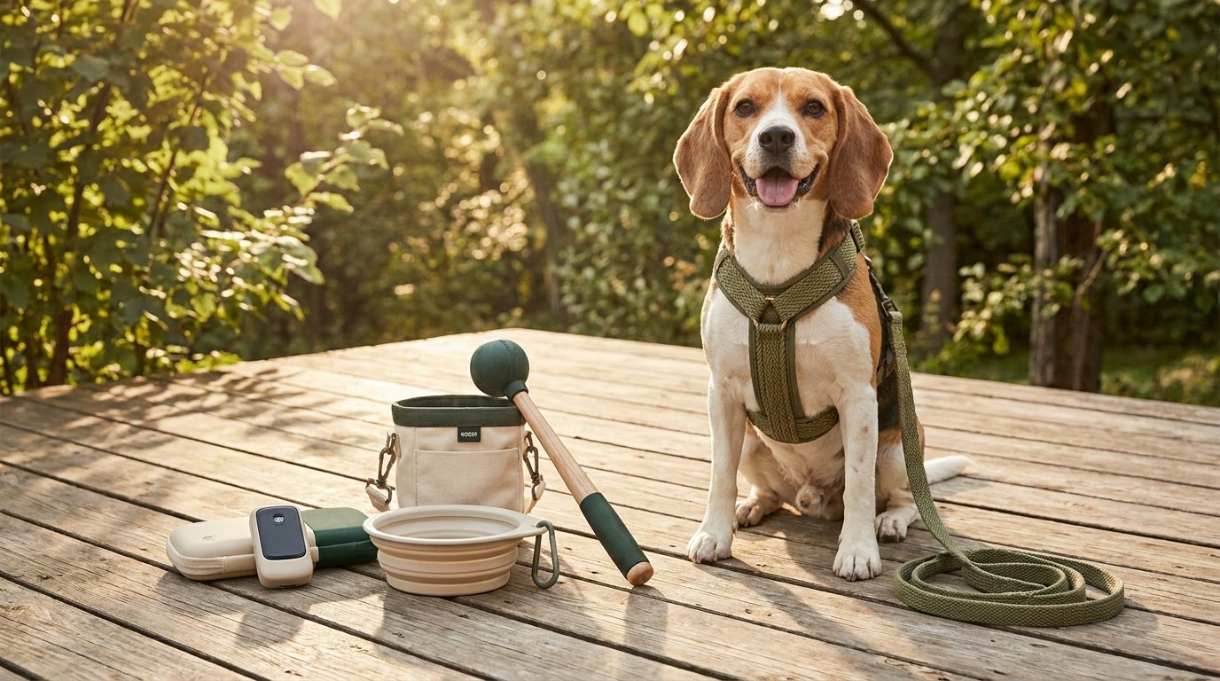 A beagle in a fitted no-pull harness beside a flat-lay of modern dog gear