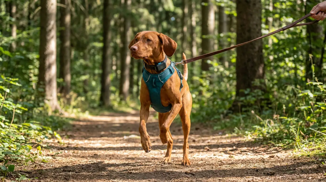 A vizsla on a forest trail wearing a harness with a GPS tracker