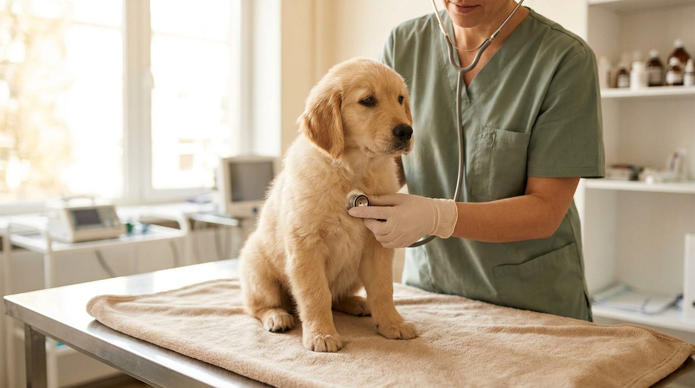 A veterinarian gently examining a golden retriever puppy with a stethoscope