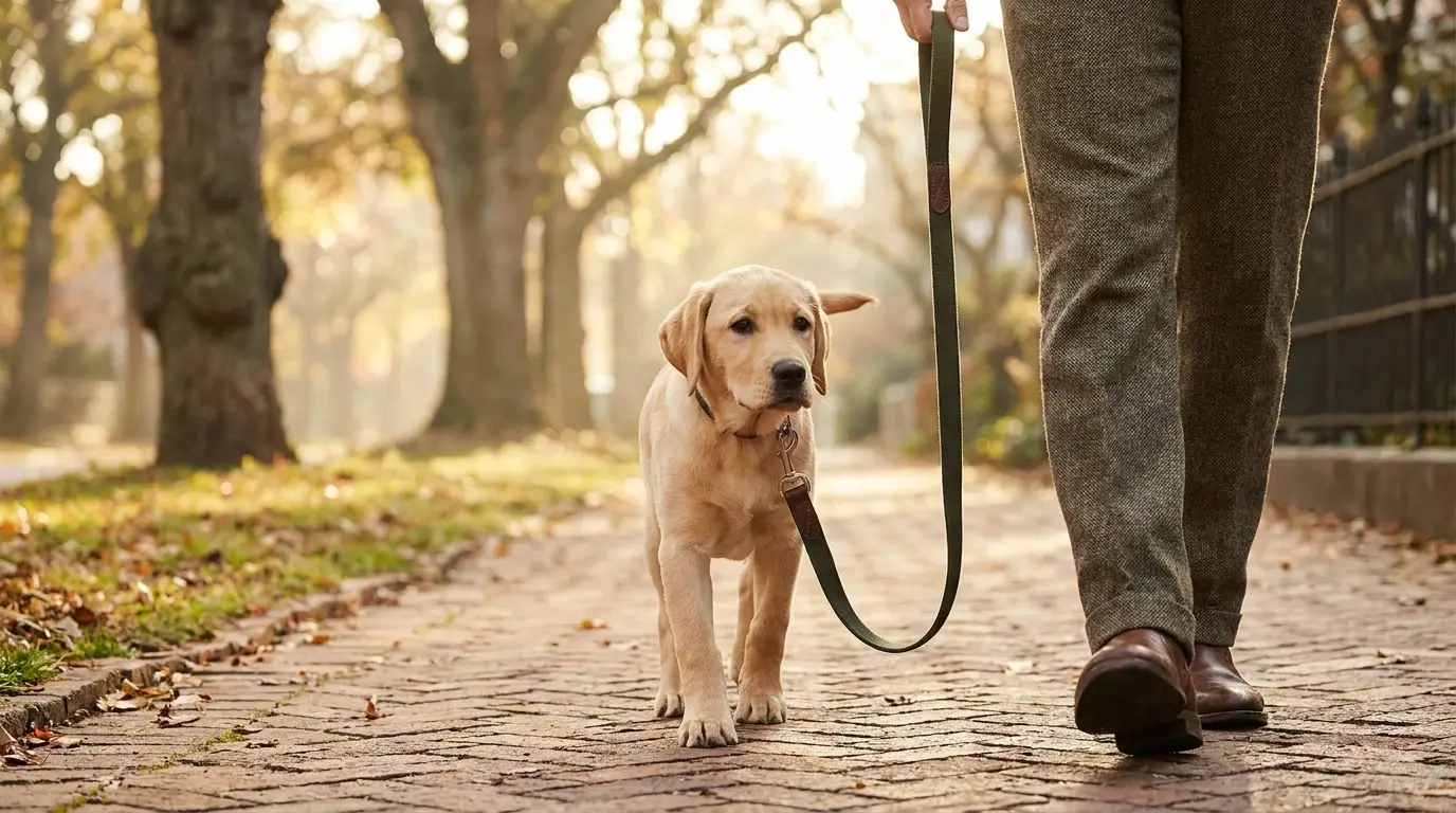 A labrador puppy walking on a loose leash beside its owner