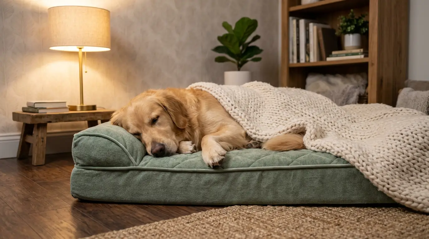 A golden retriever asleep on an orthopedic memory-foam dog bed