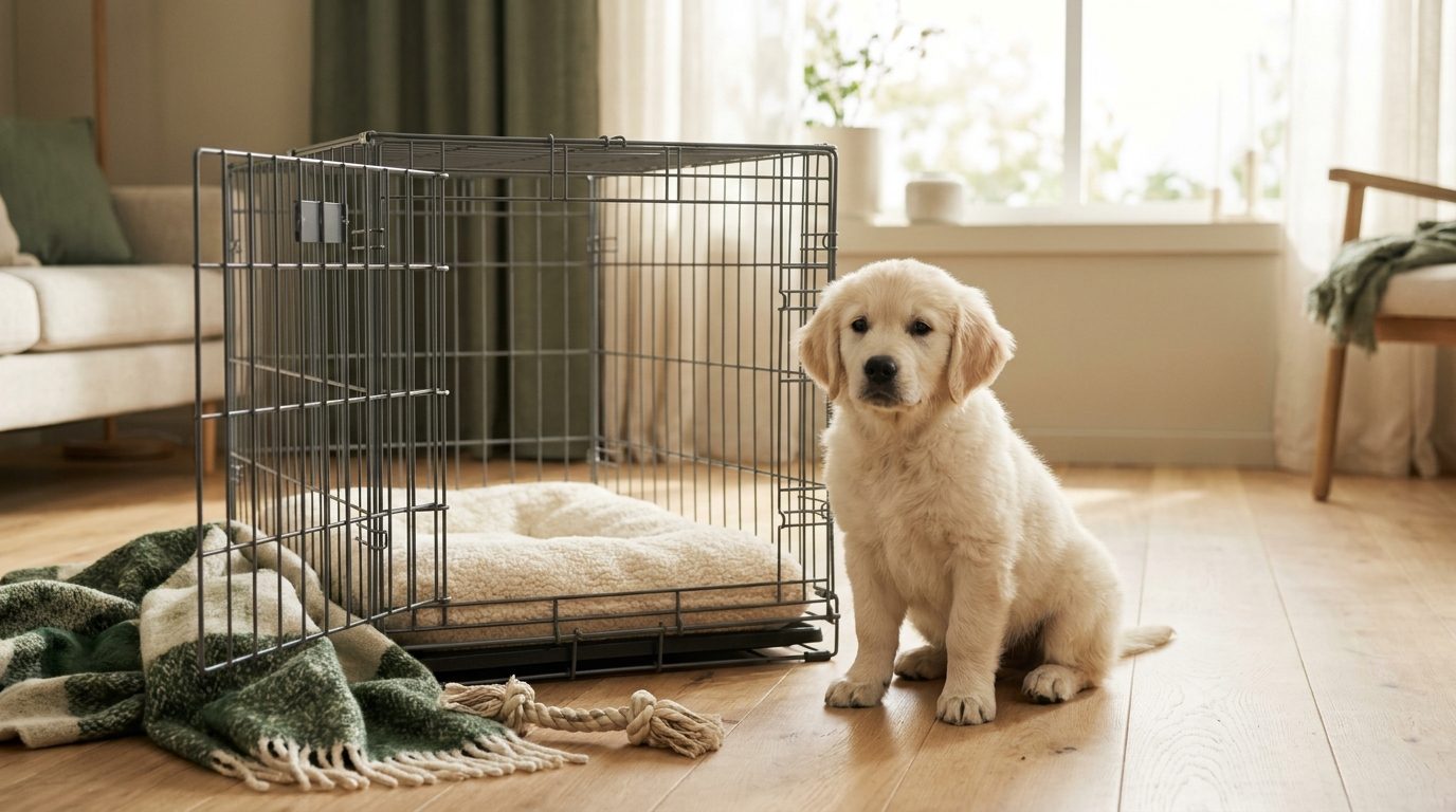 A golden retriever puppy beside a cozy modern crate in a warm living room