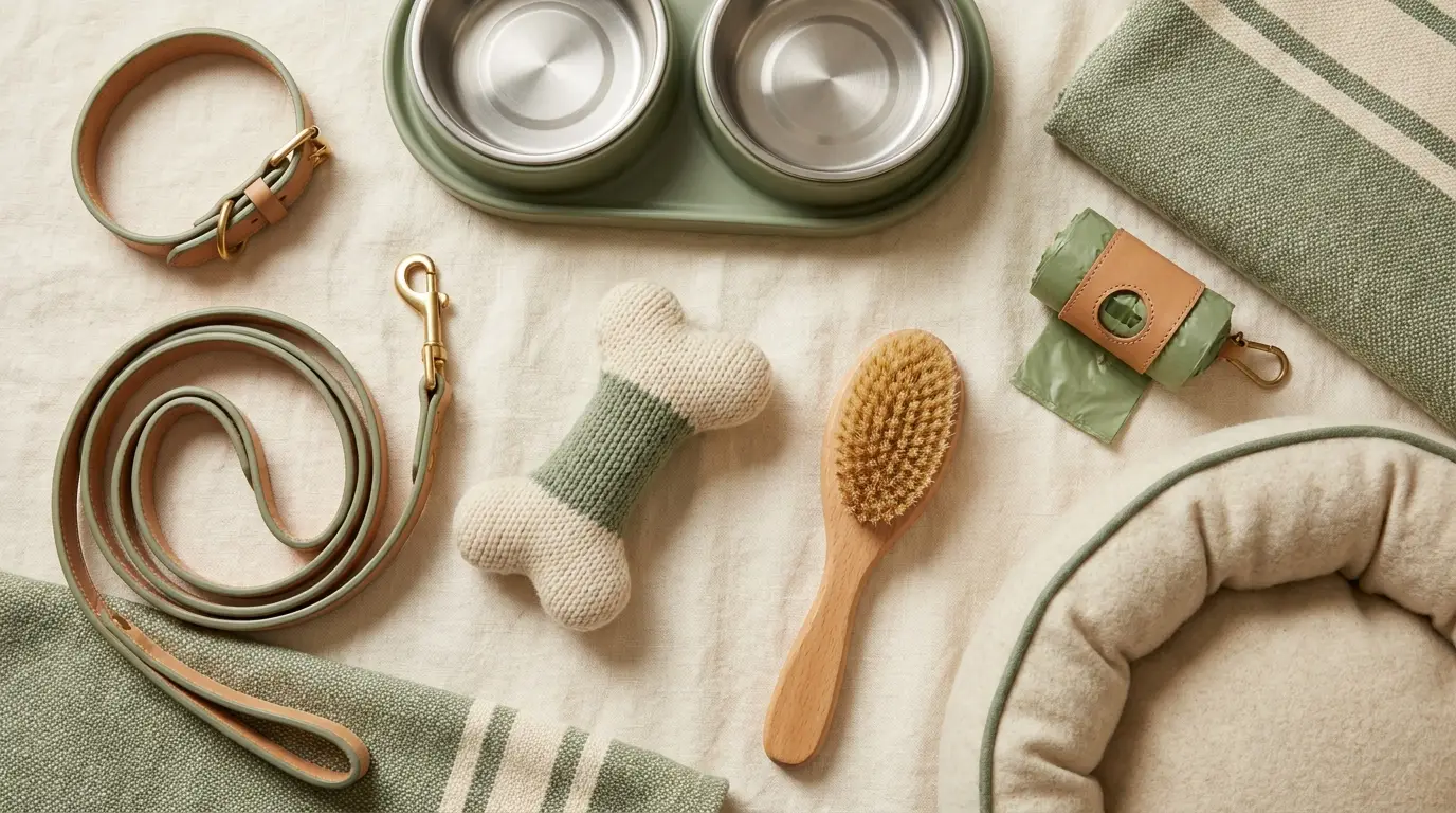 A neat flat-lay of new-puppy starter supplies