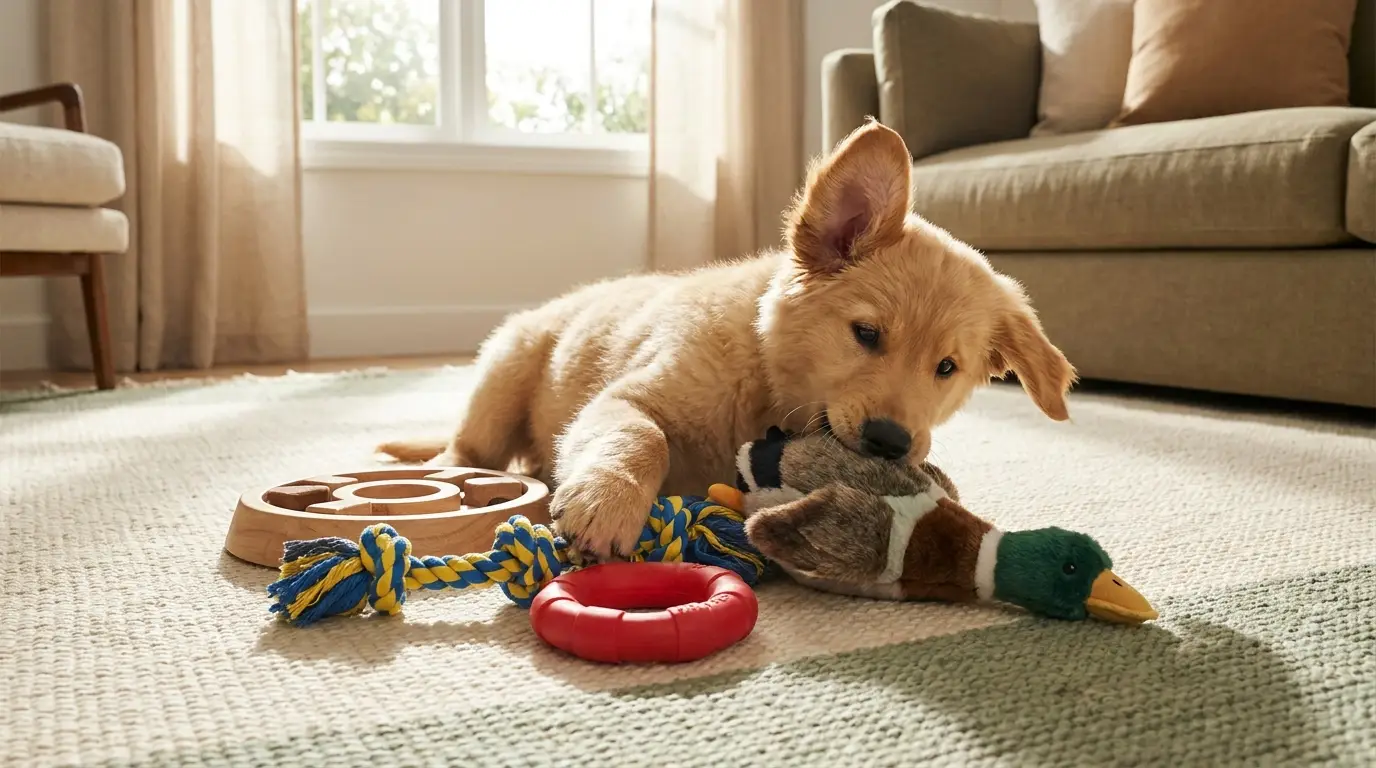 A golden retriever puppy playing with durable toys