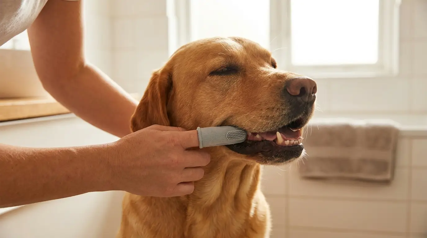 An owner brushing a relaxed labrador's teeth with a finger toothbrush